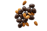 Dark Chocolate Almonds with raw almonds in small scattered pile.