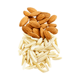 Rectangular cluster of almonds. Half of the pile is whole raw almonds, the other half is blanched and slivered.