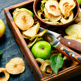 Australian Dried Apple in wooden box with fresh granny smith apples.