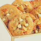 Close up of Callebaut White Chocolate callets on top of cookies.