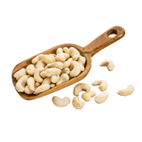 Rustic timber scoop filled with Raw Cashews.