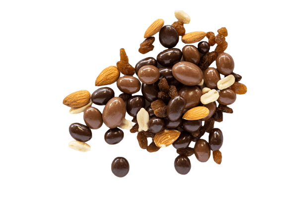 Scattered sultanas and almonds amongst Chocolate Fruit and Nut Mix.