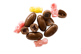 Small scattered pile of Chocolate Jelly Babies and jelly babies.