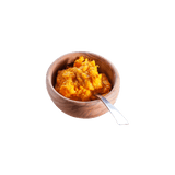 LIbby's 100 Pure Pumpkin in small, round timber bowl with silver spoon.