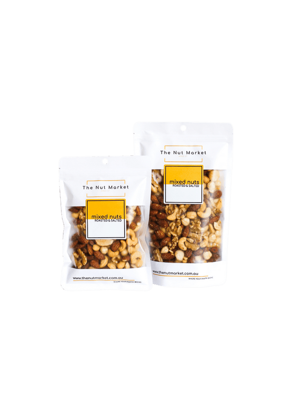 Mixed Nuts Roasted and Salted in 200g and 500g Nut Market bag.