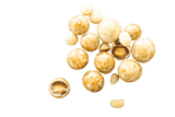 Scattered pile of Moon Macadamias, some cut ope to expose honey roasted macadamia centre and milk chocolate layer.