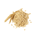 Small mound of Rolled Oats with wheat stalks.