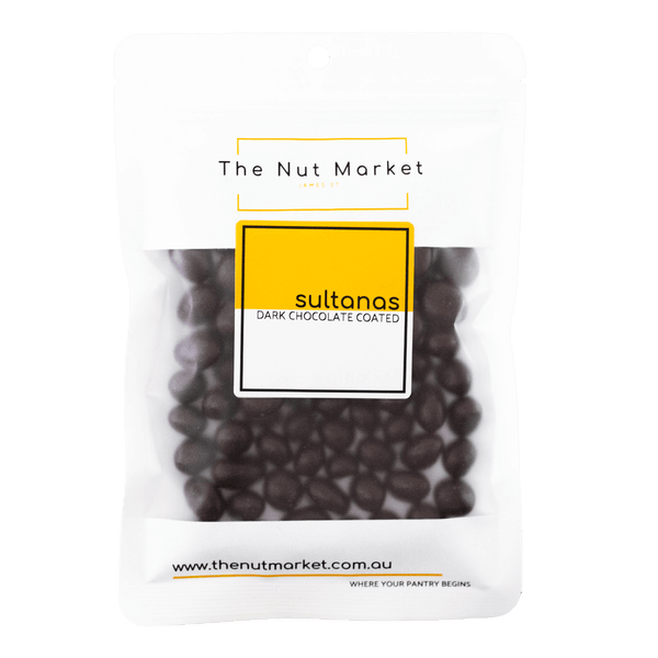 Dark Chocolate Sultanas in 200g  Nut Market packet.