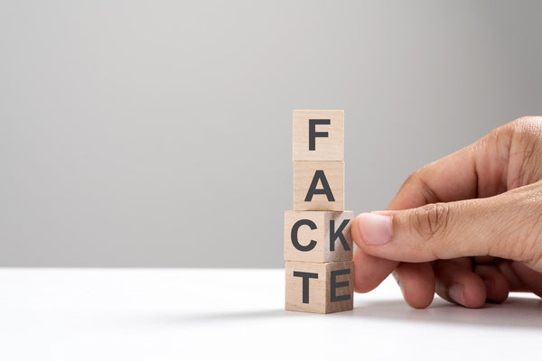 Blocks spelling out Fact and Fake with a hand turning the blocks