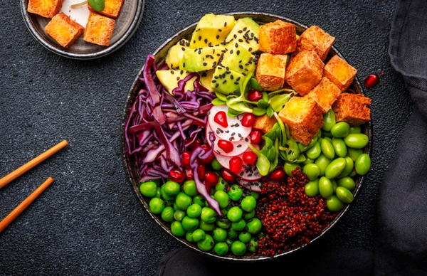 A top down view of a buddha bowl.