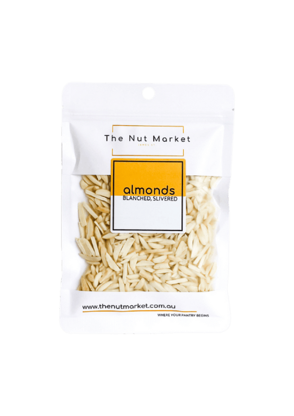 Blanched Slivered Almonds in 150g Nut Market bag. 