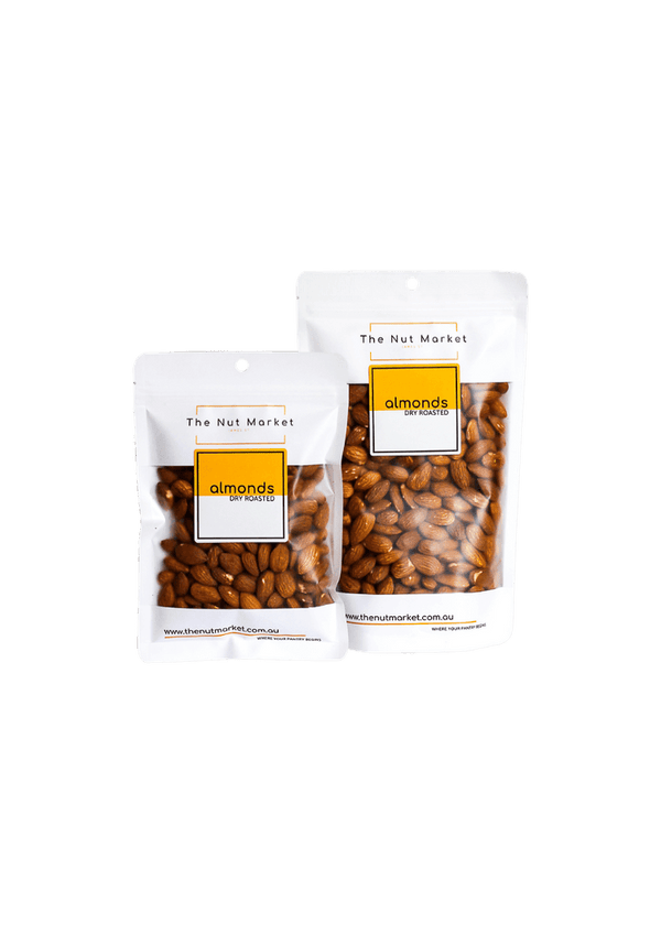 Dry Roasted Almonds in 200g and 500g Nut Market bag. 