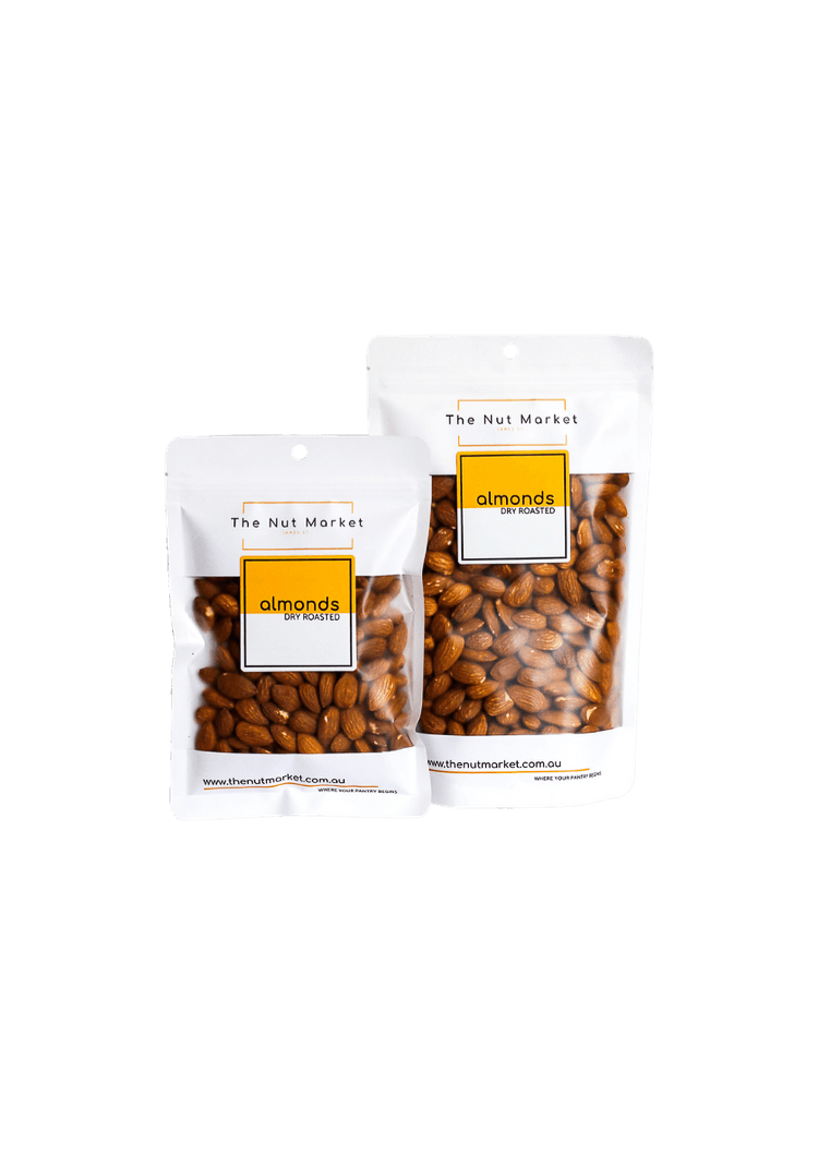 Dry Roasted Almonds in 200g and 500g Nut Market bag. 