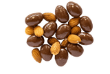 Handful of Milk Chocolate Almonds with raw almonds scattered between.