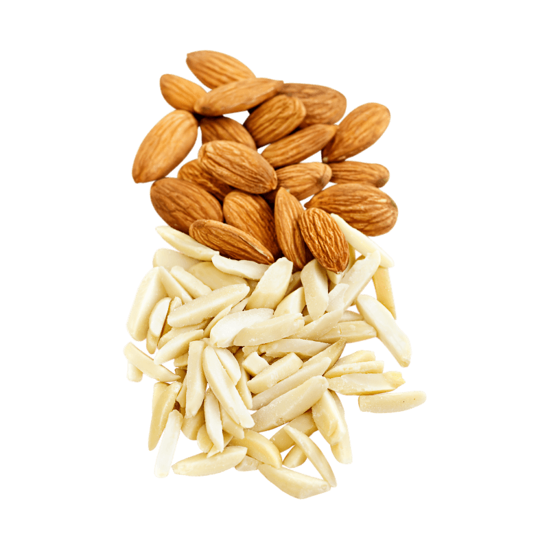Rectangular cluster of almonds. Half of the pile is whole raw almonds, the other half is blanched and slivered. 
