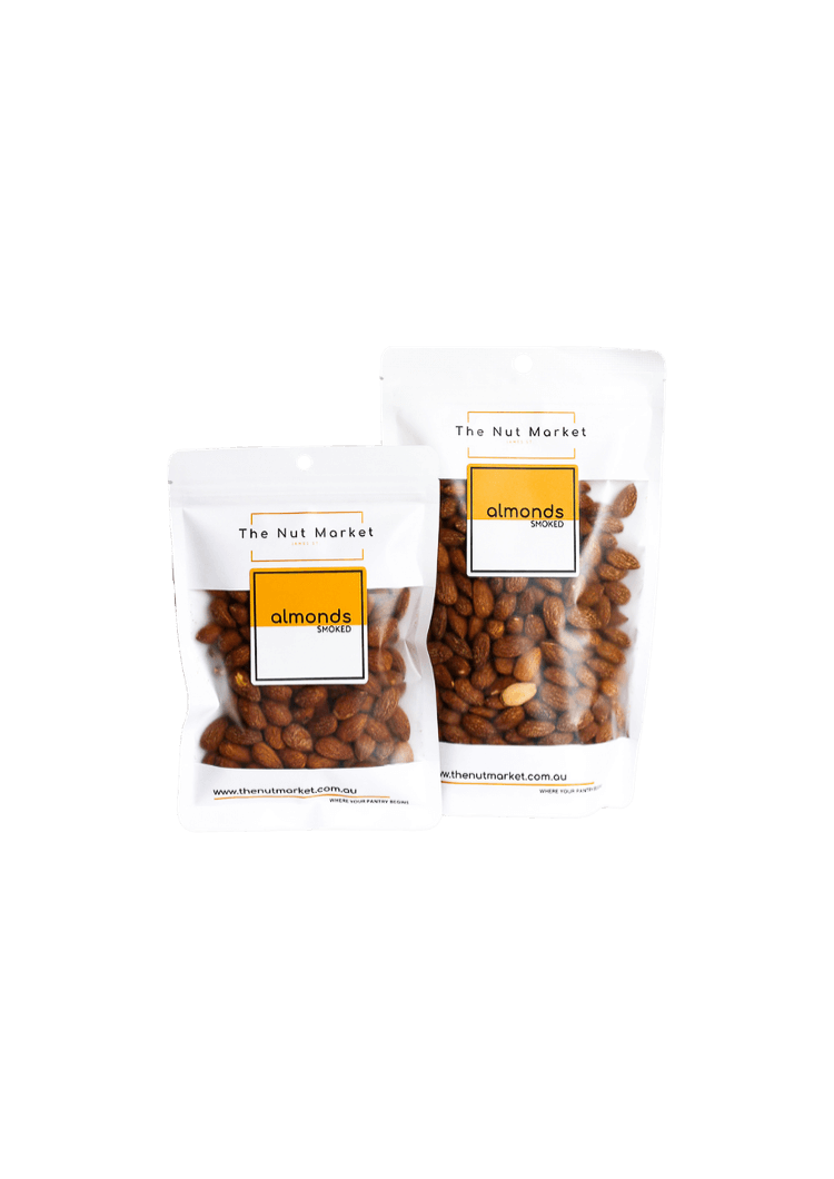 Smoked Almonds in 200g and 500g Nut Market Bag.