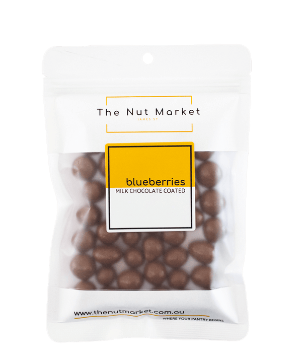 Milk Chocolate Covered Blueberries in 200g Nut Market packet.