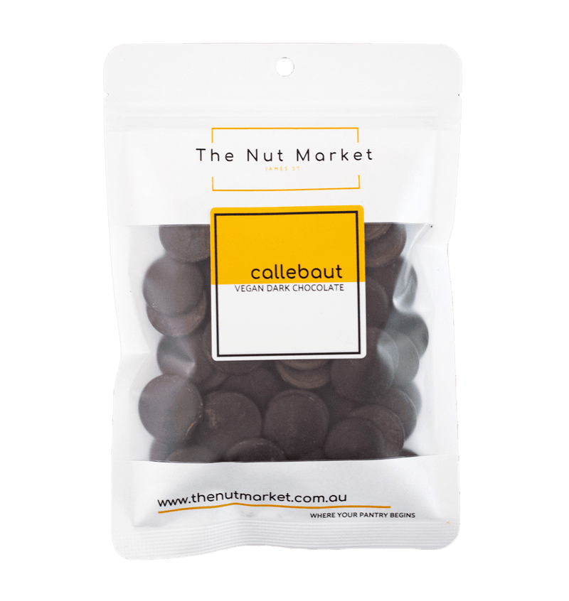 Callebaut 73 % Vegan Dark Chocolate Callets in 200g Nut Market packet.