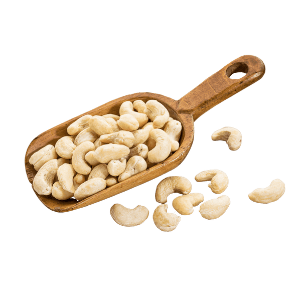 Rustic timber scoop filled with Raw Cashews. 