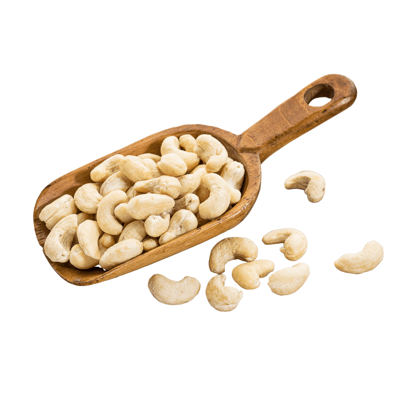 Rustic timber scoop filled with Raw Cashews. 