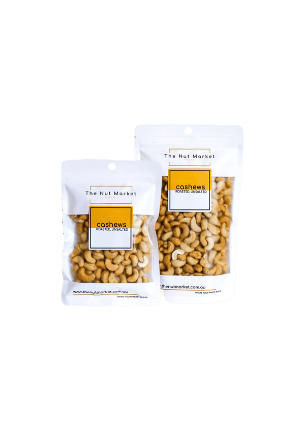 Roasted Unsalted Cashews in 200g and 500g Nut Market bags. 