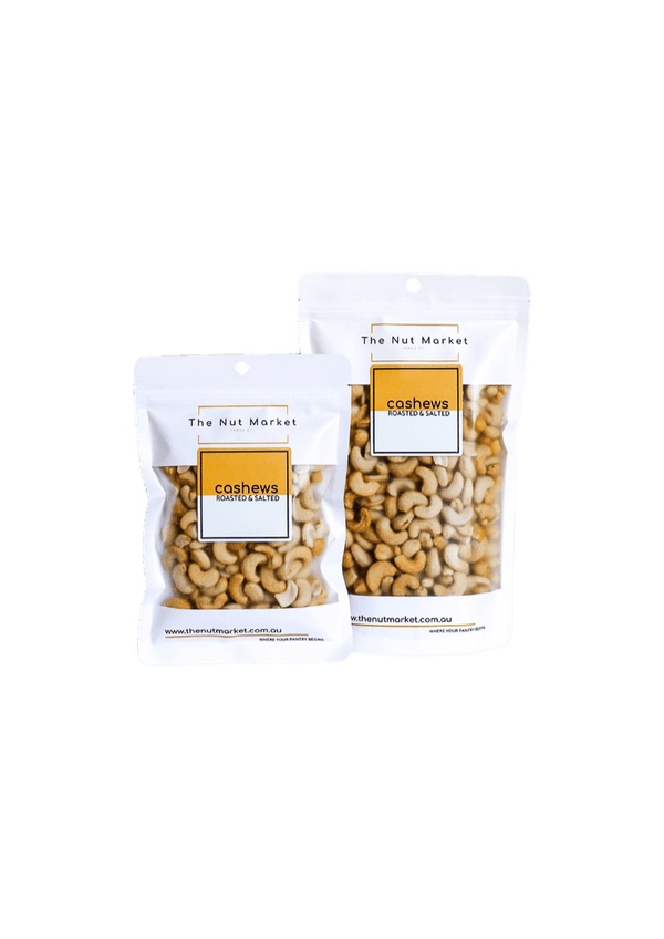 Cashews Roasted and Salted in 200g and 500g Nut Market bags. 