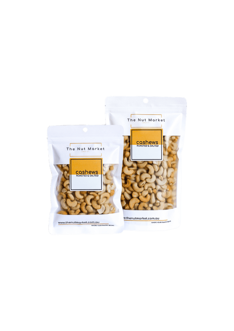 Cashews Roasted and Salted in 200g and 500g Nut Market bags. 