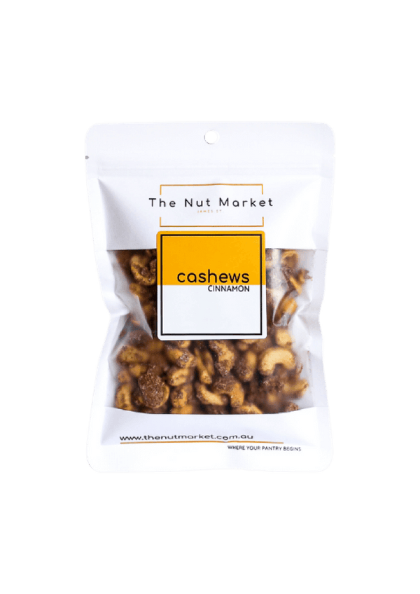 Cinnamon Roasted Cashews in 200g Nut Market bag.