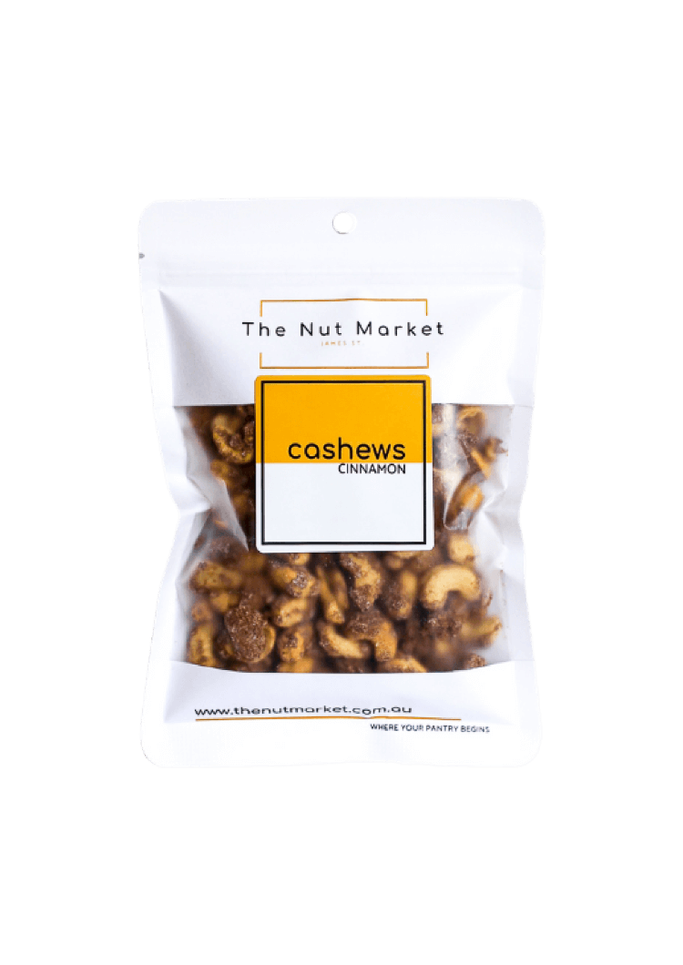 Cinnamon Roasted Cashews in 200g Nut Market bag.