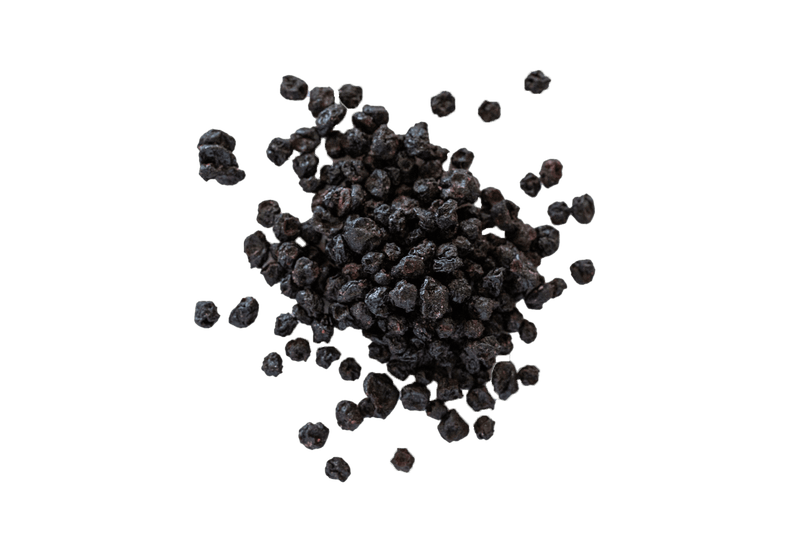 Small pile and scattering of Dried Blueberries.