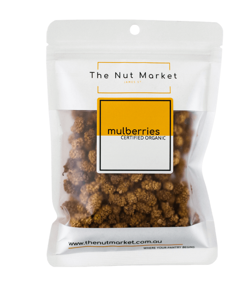 Organic Dried Mulberries in 150g Nut Market bag.