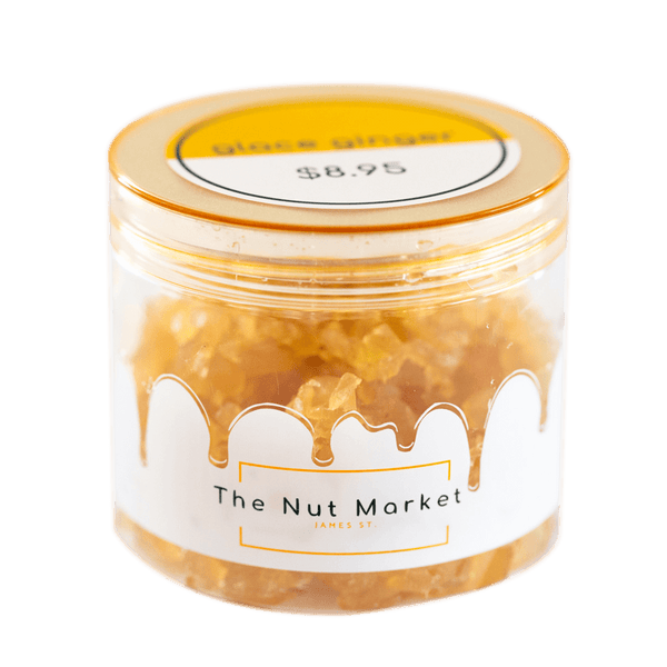 Side on view of Nut Market jar with Glace Ginger inside.