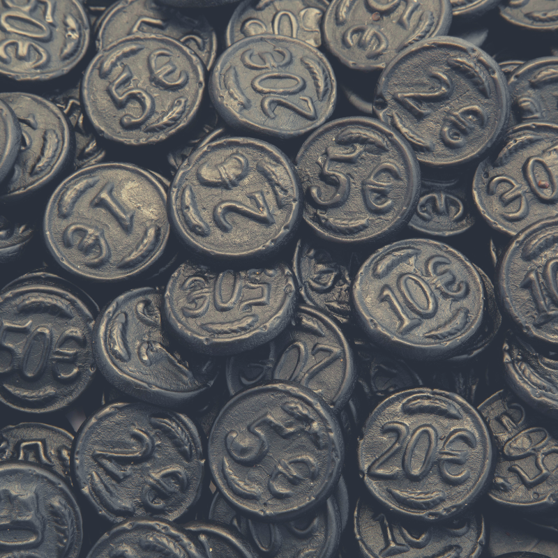 Close up of bulk Dutch Licorice Coins.