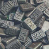 Close up of bulk Triple Salted Dutch Licorice showing the Forti - Sal writing.