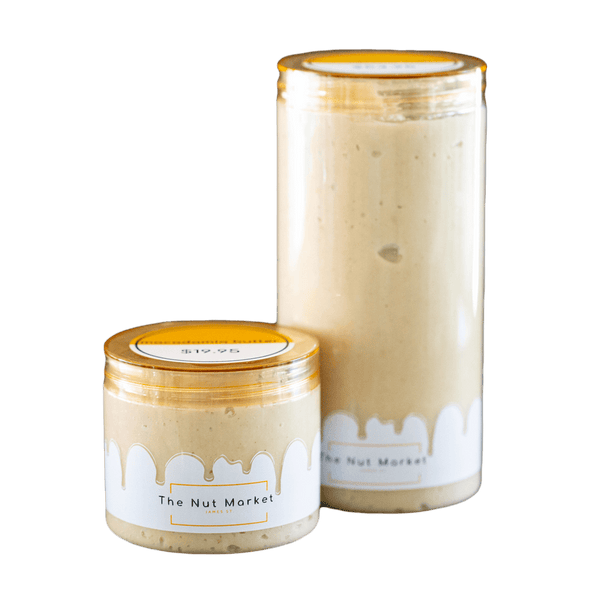 Macadamia Butter in 270g and 800g Nut Market jars.