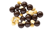Pile of Dark Chocolate Macadamias with raw macadamia nuts scattered amongst them. 