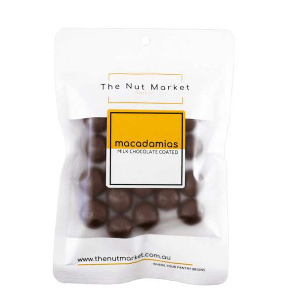 Milk Chocolate Macadamias in 180g Nut Market packet.
