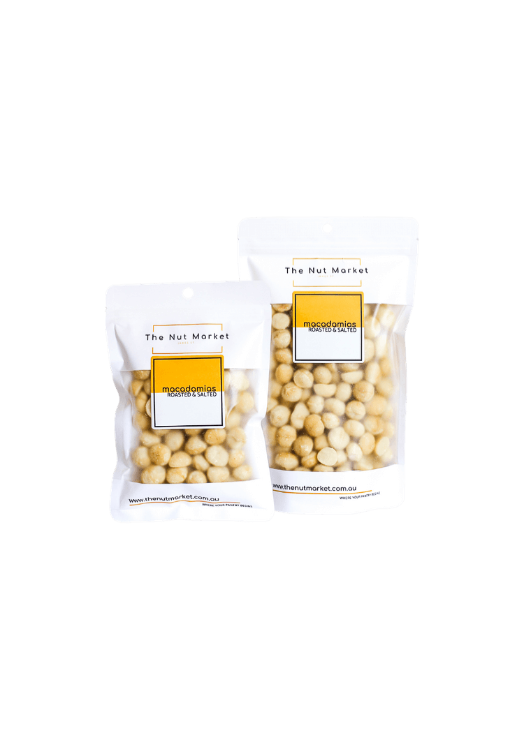 Macadamia Roasted and Salted in 180g and 450g Nut Market bags.