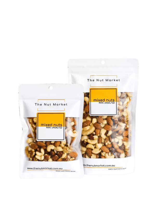 Mixed Raw Nuts in 200g and 500g Nut Market bags.