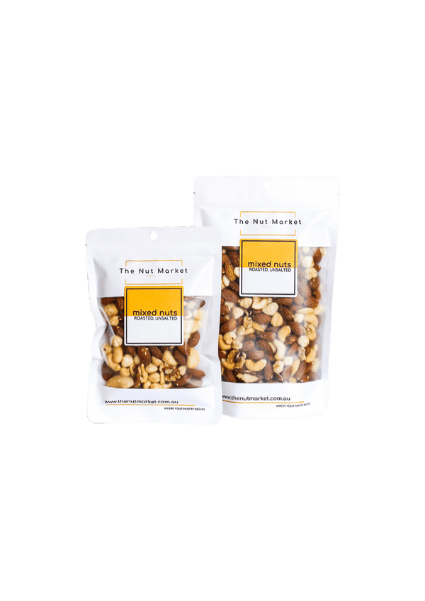 Mixed Nuts Roasted Unsalted in 200g and 500g Nut Market bags.