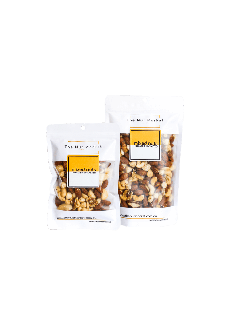 Mixed Nuts Roasted Unsalted in 200g and 500g Nut Market bags.