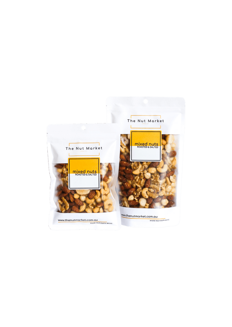Mixed Nuts Roasted and Salted in 200g and 500g Nut Market bag.