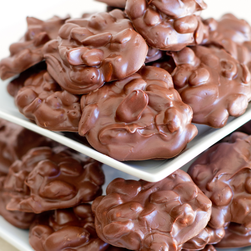 Chocolate Peanut Clusters on 2-tier cake stand. 