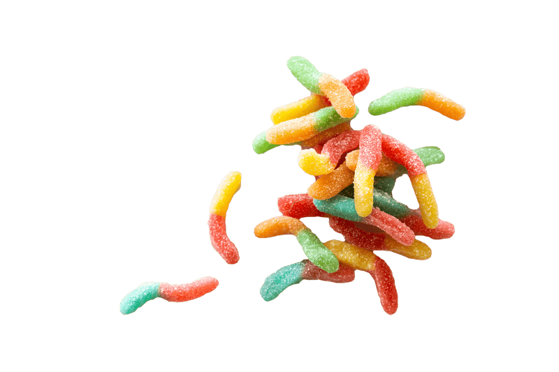 Small scattered pile of Sour Gummy Worms.