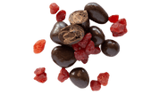 Scattered Dark Chocolate Strawberries with dried strawberries.