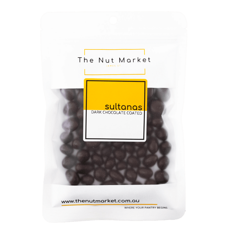 Dark Chocolate Sultanas in 200g  Nut Market packet.