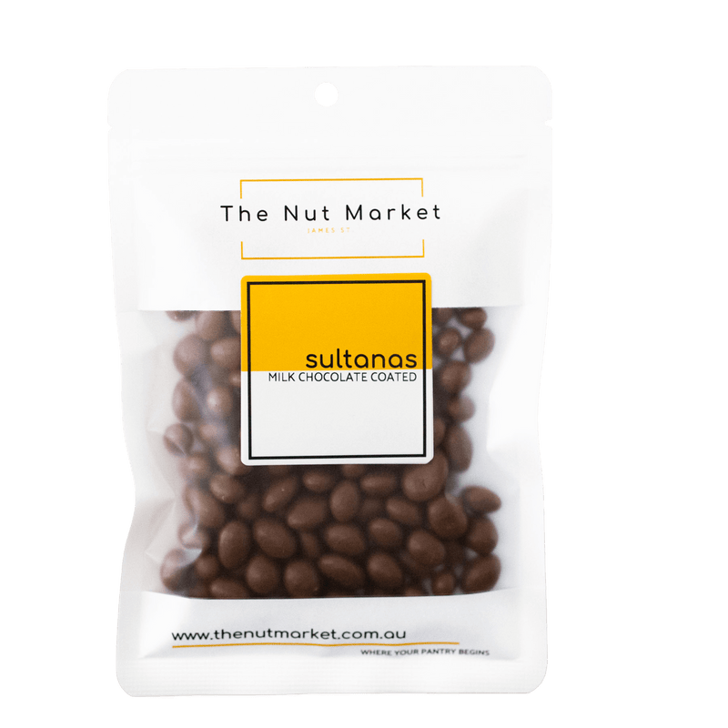 Milk Chocolate Sultanas in 200g Nut Market packet.