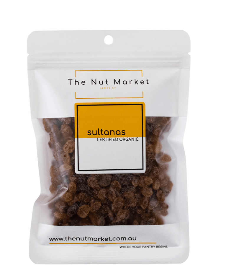 Organic Australian Sultanas in 200g Nut Market Bag.