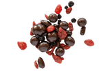 Cluster of Dark Chocolate Superberries with dried strawberries, goji berries and blueberries.