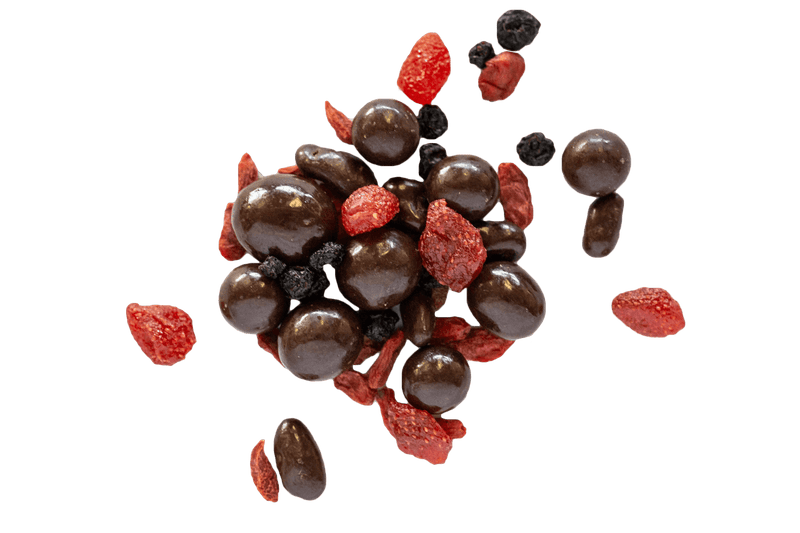 Cluster of Dark Chocolate Superberries with dried strawberries, goji berries and blueberries.